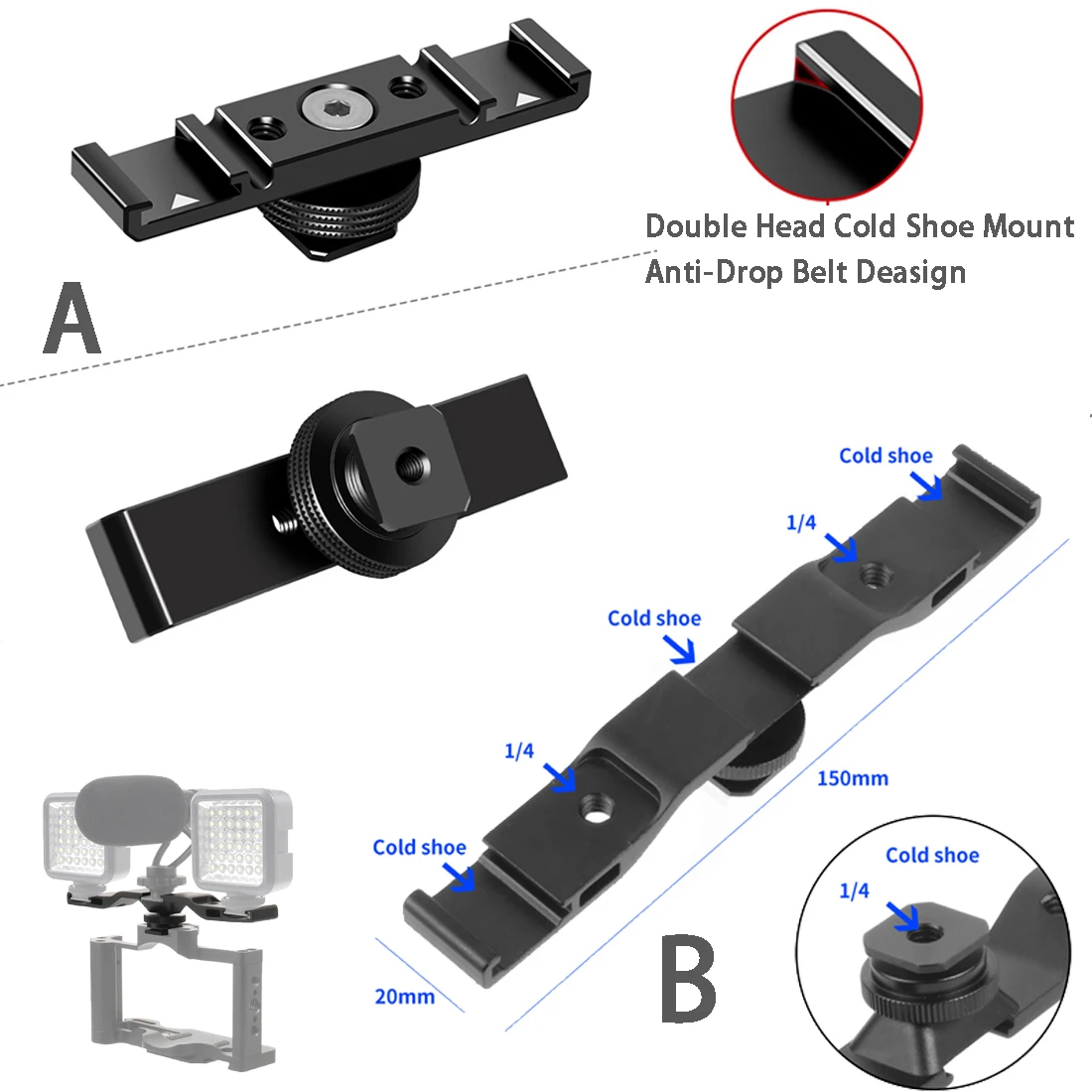 Doppel Kalten Blitzschuh Adapter Halterung Verlängerung Halter Video Halterung für Canon für Nikon Stativ DSLR Kameras Blitzlicht Mikrofon – Detail 1
