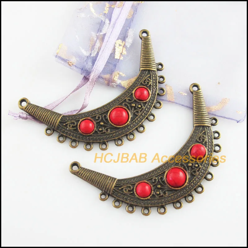 Fashion 2Pcs Antiqued Bronze Plated Moon Flower Red Stone Charms Pendants Connectors 40x67.5mm