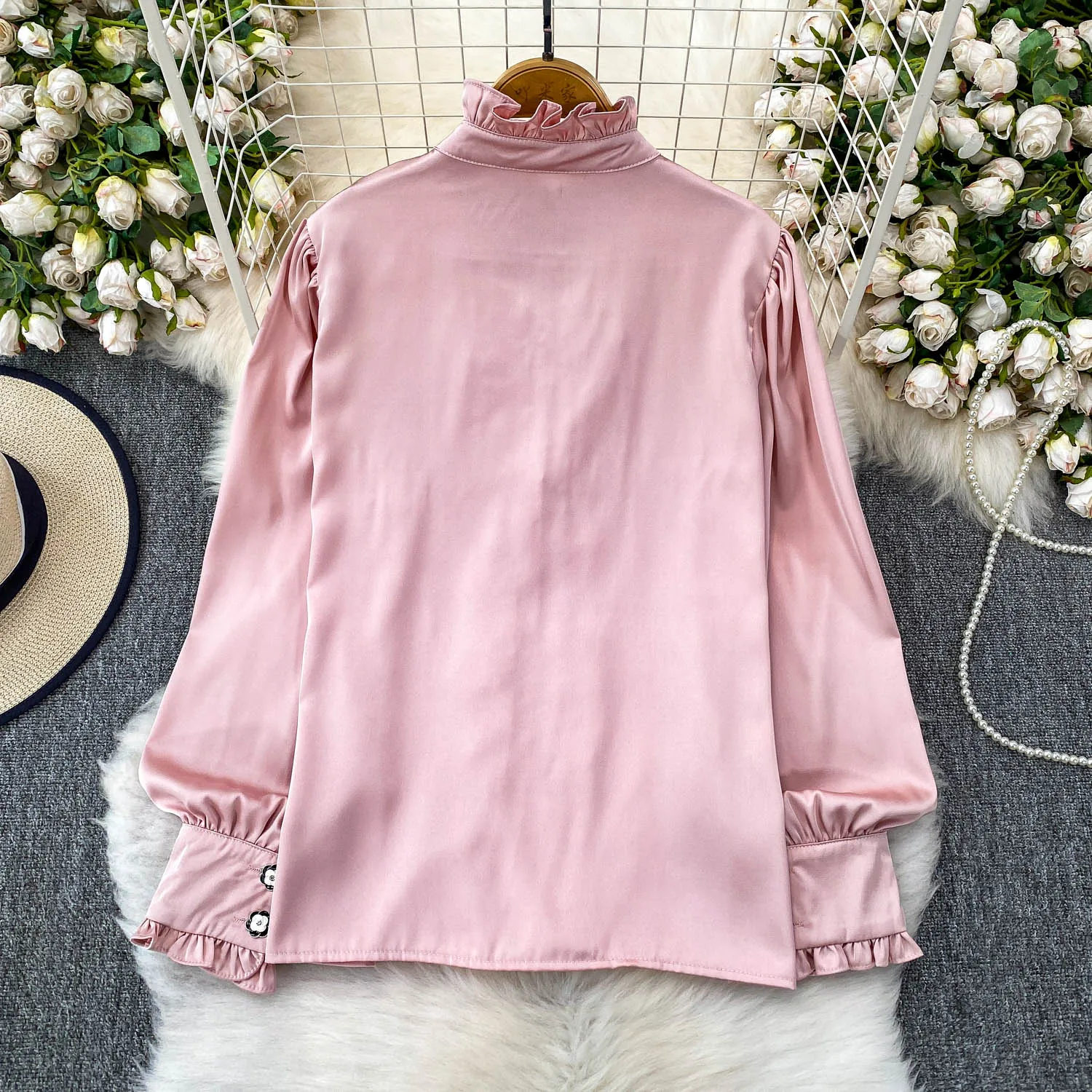 Ele Long Sve Satin Feel irt Dames Loose Fit Button-up Opstaande Kraag Top Anti-rimpel Comfortabel Koreaans Sle