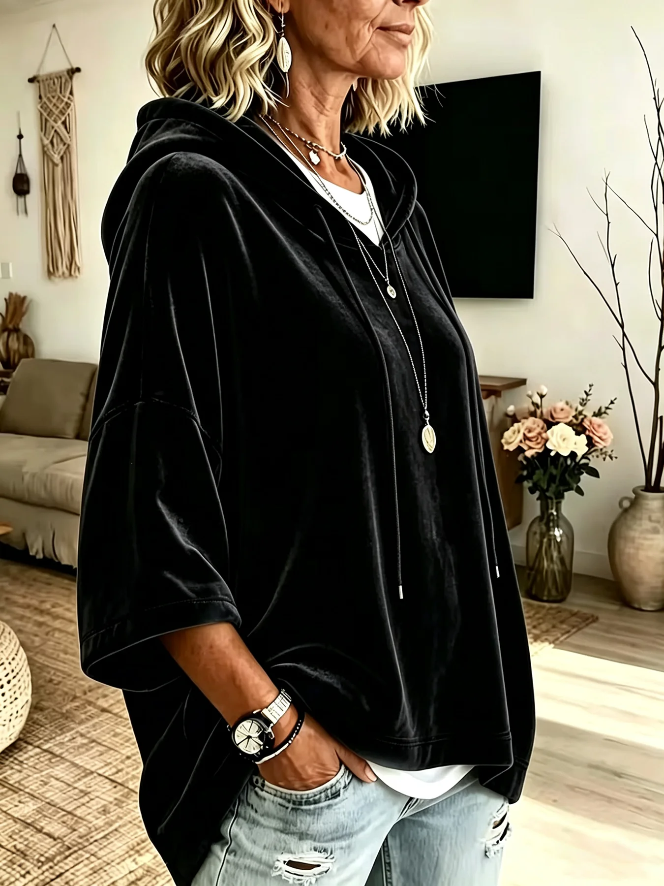 Women's Loose Hooded Short-Sleeve Sweatshirt with Drawstring, V-Neck, Drop Shoulder, Mid-Sleeve Top, Lazy Style, Plus-Size, Drapey Velvet Texture, Casual Pullover for Daily Commute Wear