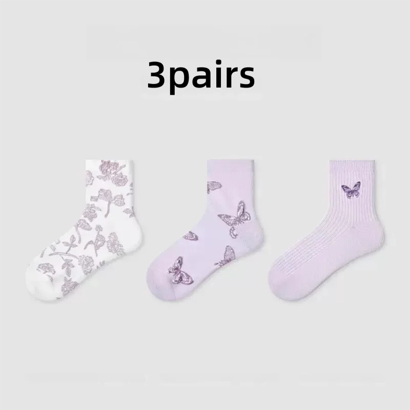 

Heye women's spring and summer new sports sweat-absorbing fashion embroidery flower butterfly breathable low-top cotton socks
