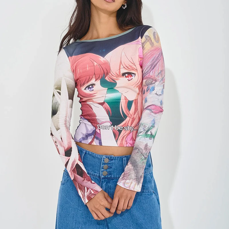 النمط الأوروبي والأمريكي أنيمي الكرتون المطبوعة بأكمام طويلة الرقبة المستديرة المرقعة الأعلى العصرية فتاة حار Y2K التنقل الترفيه