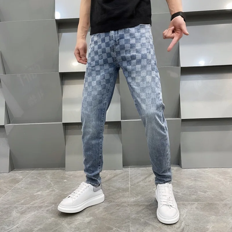 Light luxury high-end jeans Men\'s Fashion Square plaid printed design Stretch Slim fit light straight-leg trendy pants