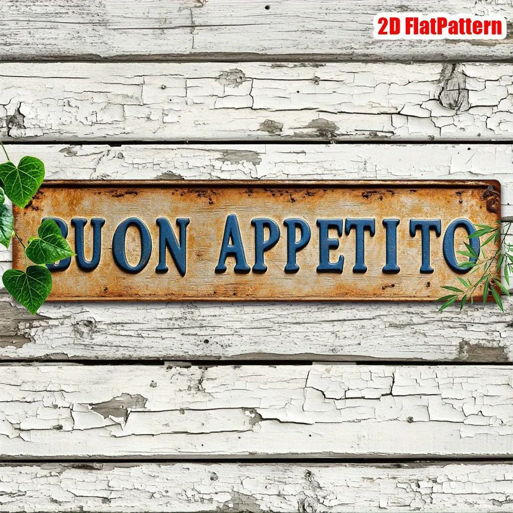 2D Flat, 1pc Italian "BUON APPETITO" Vintage Metal Sign - Large Distressed Rustic Italian Wall Decor with Italian Phrase, Italia