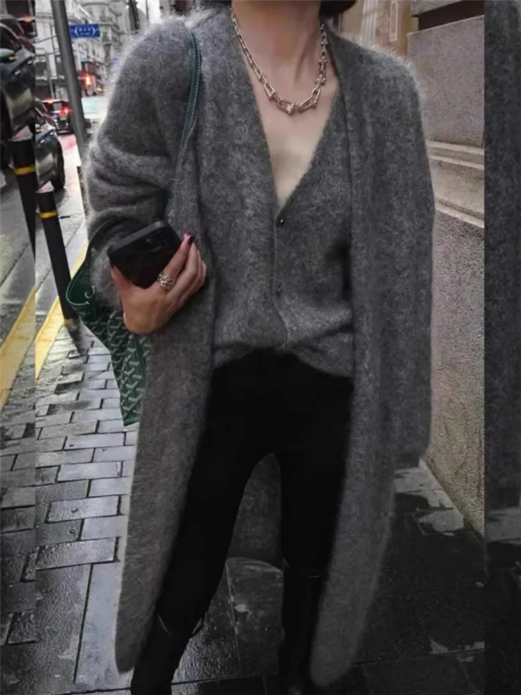 British Style Fashion Fall Winter Grey Sweater for Women 2 Pieces Chic Deep V Neck Camis Tank Vest&Knitted Long Cardigan Coat