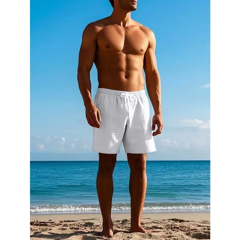 Men's Linen Shorts Pants Solid Color Pants Breathable Beach Pants Casual Five-point Pants