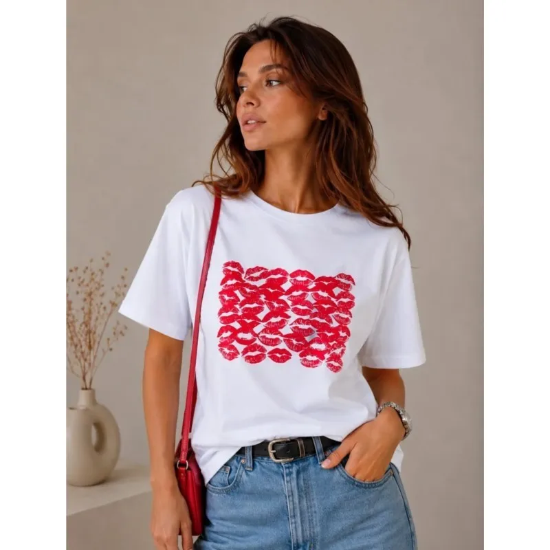 2026 Summer Women's T-shirts Cotton Fashion Lip Pattern Print Tops Commute Date Tops Cost-effective Short Sleeve T-shirt