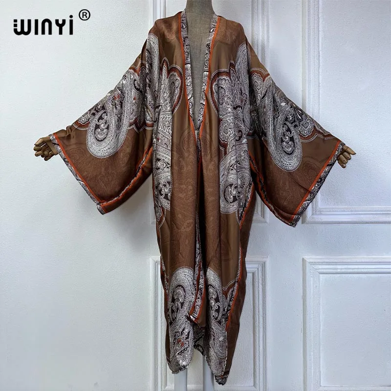 WINYI 2024 letnie kimono kostium kąpielowy z nadrukiem boho okrycie plażowe elegancka afrykańska sweter damski boho seksowna wakacyjna jedwabna