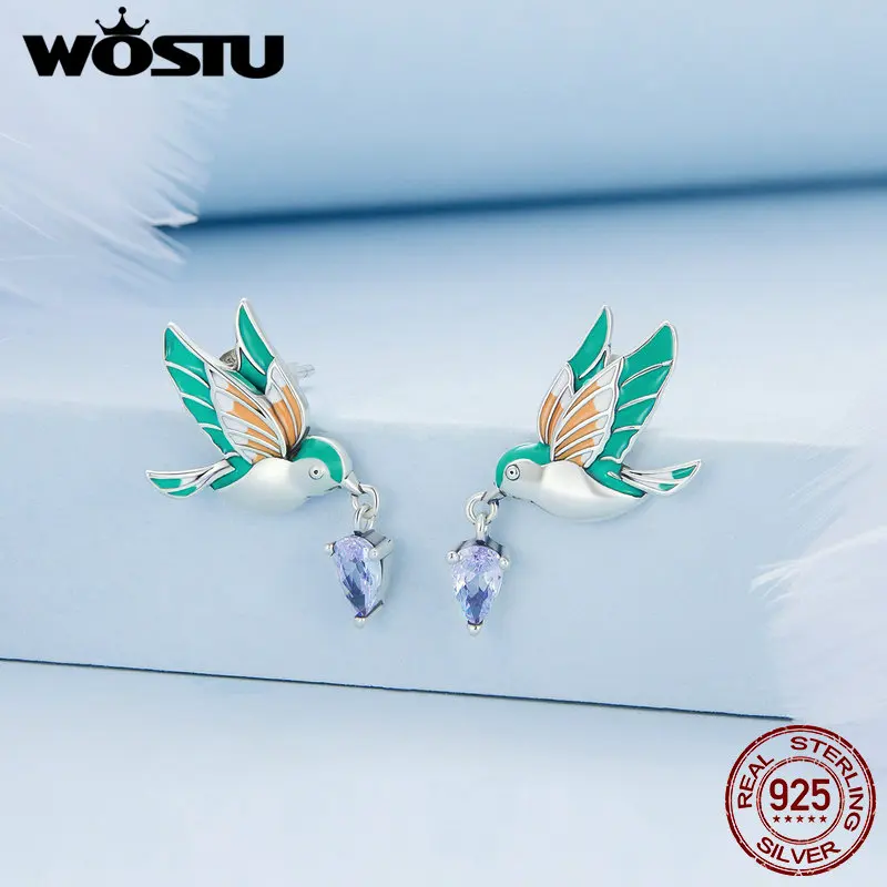 WOSTU 100% 925 Sterling SilverKingfisher  Stud Earrings For Women Wedding Fashion Anniversary Jewelry