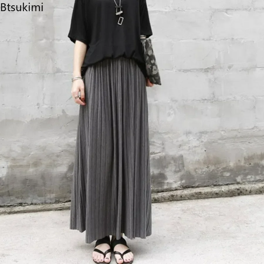 2026 Women's Casual Pleated Long Skirts Spring Autumn Vintage Modal Cotton Skirt Female Stretch Elastic Waist Solid Long Skirt