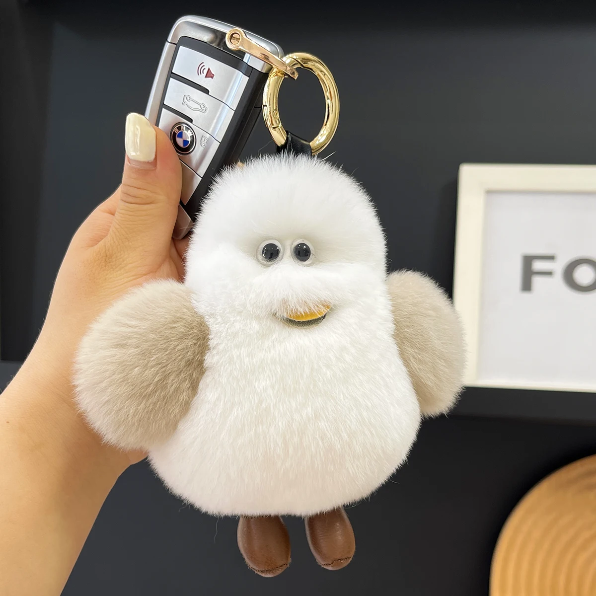 Cute Fluffy Keychain Real Natural Rabbit Fur Seagull Doll Pendnat Toys Keyring Handbag Charm Ornament Plush Jewelry Gifts