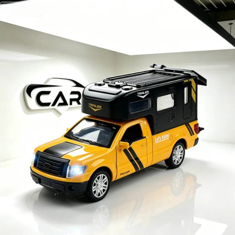 1:32 F-150 Alloy Car Model Pull Back Sound Light Realistic Camper Vehicle Ornament Themed Event Souvenir Gift For Camping Lovers
