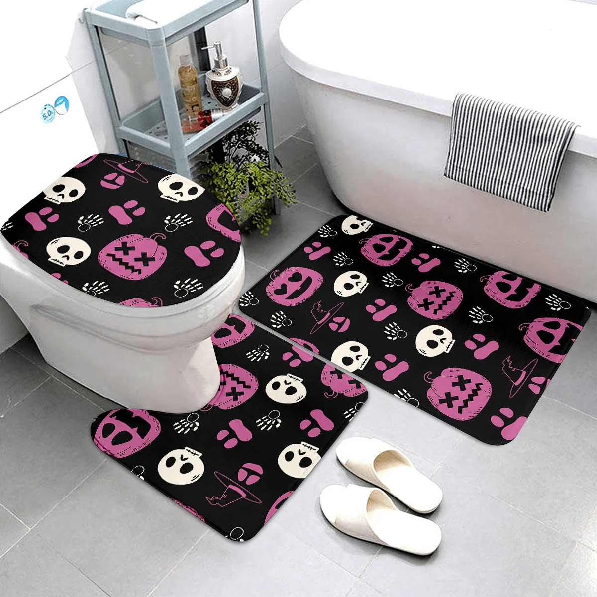 

3pcs Halloween Pumpkin Series Printed Bathroom Rug Set, Including Bathroom Rug, Toilet Seat Cover, And Toilet U-Shaped Mat. Made