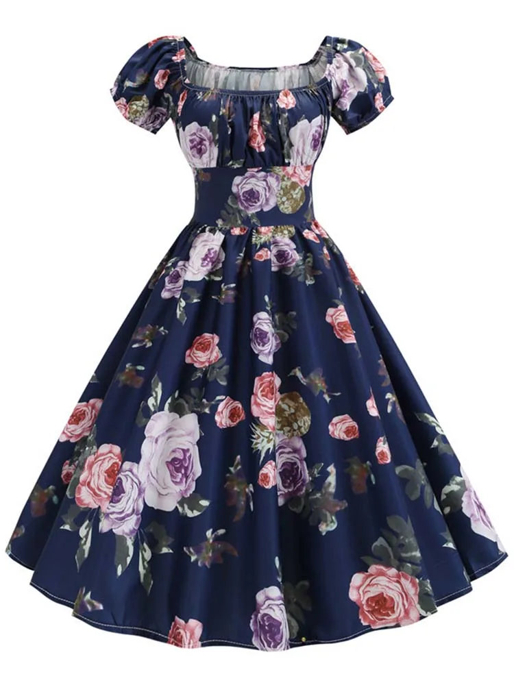 Vestido Midi Vintage con estampado Floral para mujer, traje elegante abullonada de manga, corte en A, para fiesta, Rockabilly, Pinup, Verano