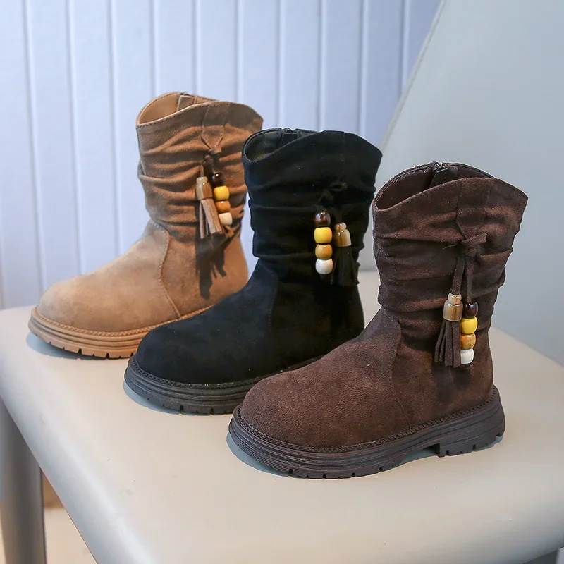 

Kids Princess Boots Sweet Beading Girls Leather Boots with Side Zipper 2025 Spring Autumn Children Short Boots Soft Sole Comfort