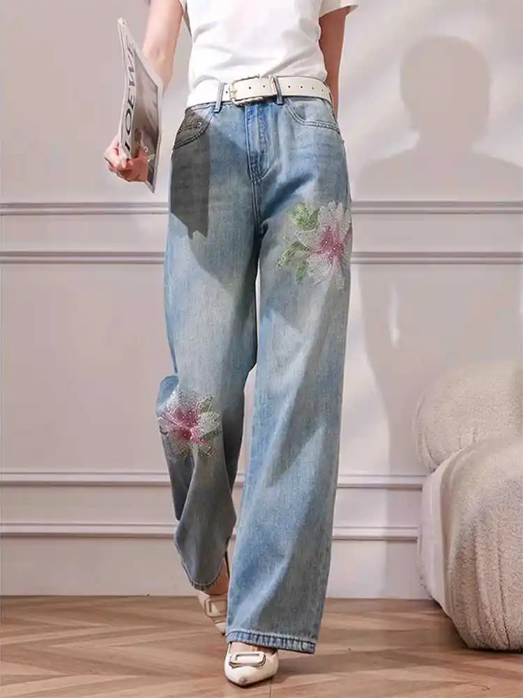 Vintage Hight Waist Women Jeans Chic Embroidery Flower Straight Denim Pants Spring Autumn Loose Casual Trousers Female