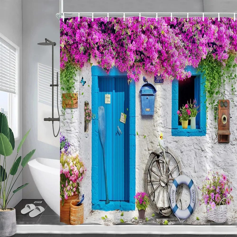 Greek Street Shower Curtains Blue Wooden Door White Architectural Plants Flowers Wall Hanging Bathroom Curtain Decor with Hooks