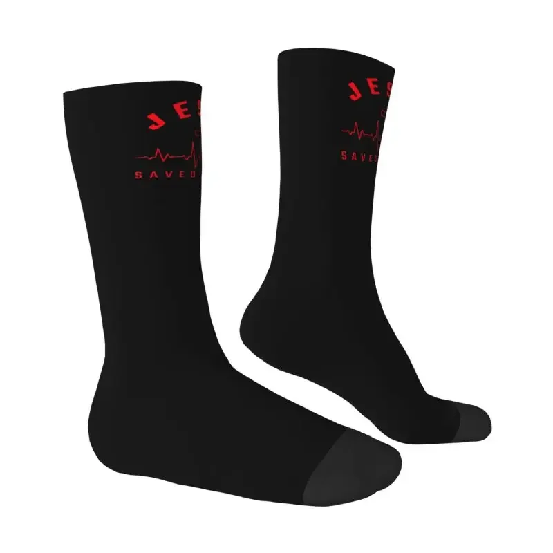 Cute Jesus Saved My Life Socks Women Male Men Breathable Warm Funny Cross Christian Faith Sports Basketball Socks