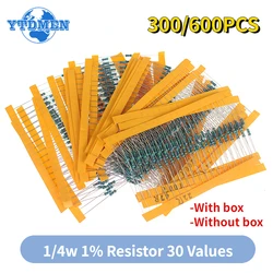 300/600PCS Metal Film Resistor Kit Assorted Kit 30 Values Resistance 1/4W 1ohm-10Mohm 1% Tolerance Set of Resistors 0.25W