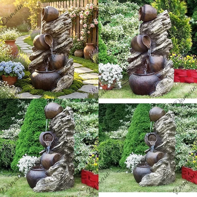 U Large European Style Garden Decoration With Flowing Water Ornaments, Outdoor Courtyard With Multiple Layers Of Jars