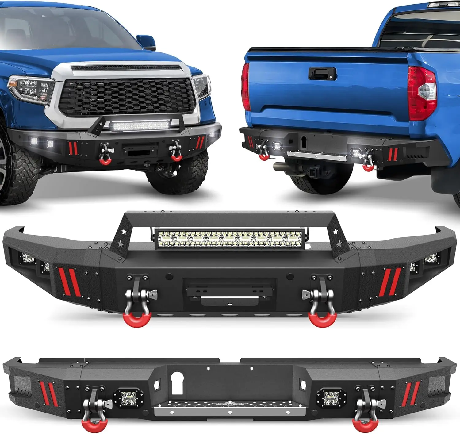 Steel Pickup Front & Rear Bumpers Combo for 2014-2021 Toyota Tundra with Winch Plate, LED Lights and License Plate Bracket