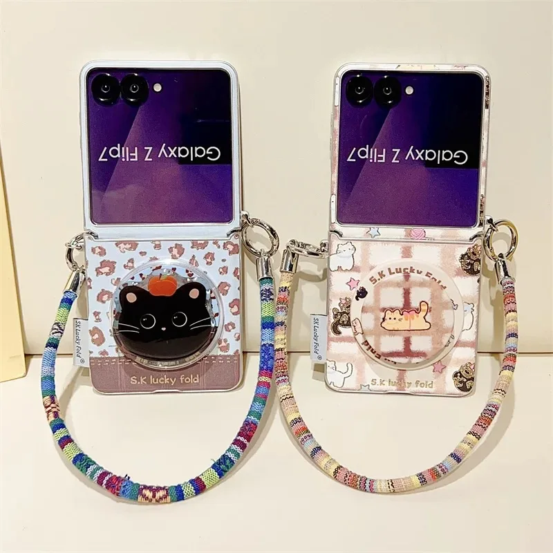

Leopard Cute Cat Magnetic Phone Case Suitable For Samsung Galaxy Z Flip5 Flip6 Flip7 Cover with Stand Kawaii Cases