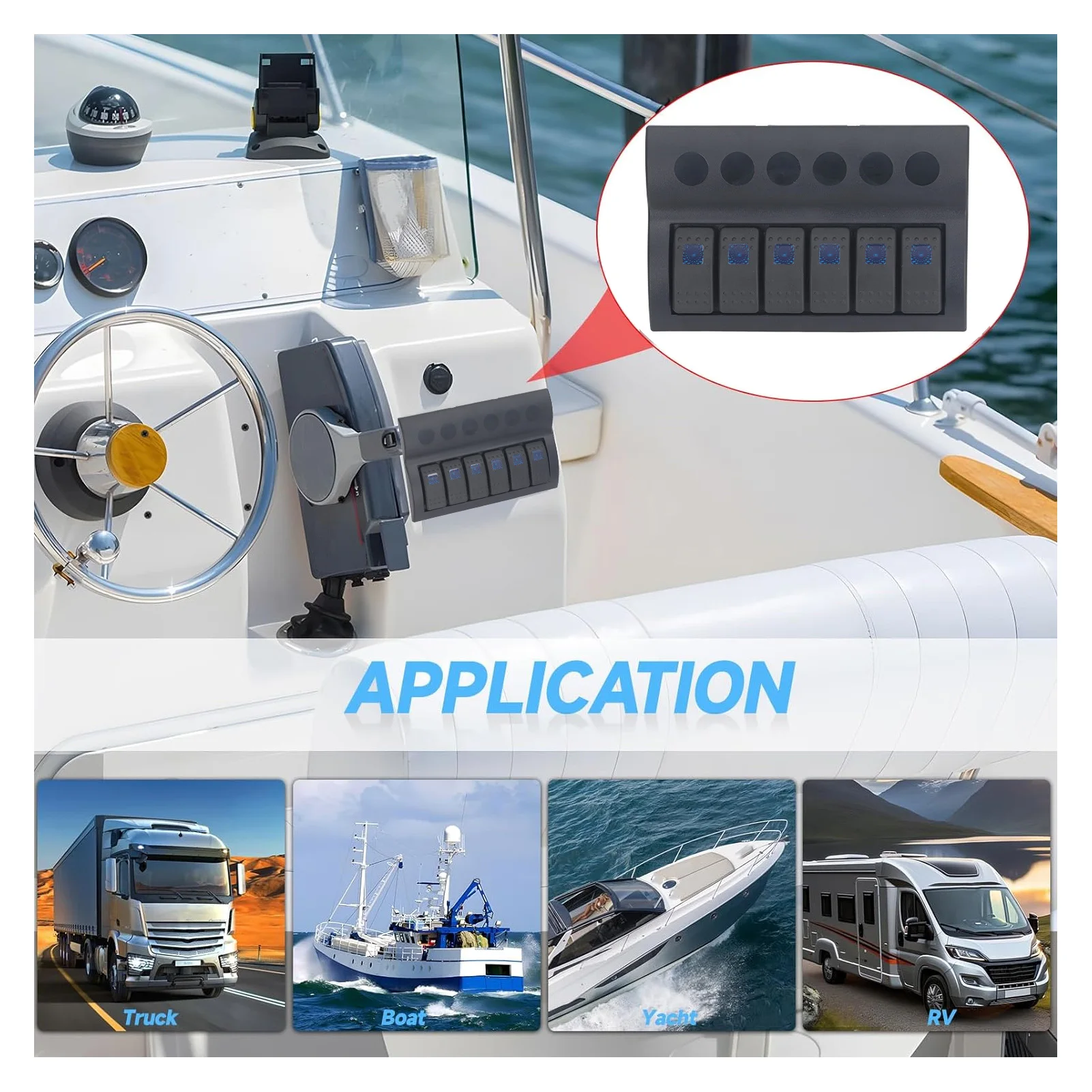 

Электрическая панель Синий светодиод Высокопрочная предварительно проводная панель постоянного тока 12 В 24 В Универсальная IP65 с защитой от перегрузки для автофургонов