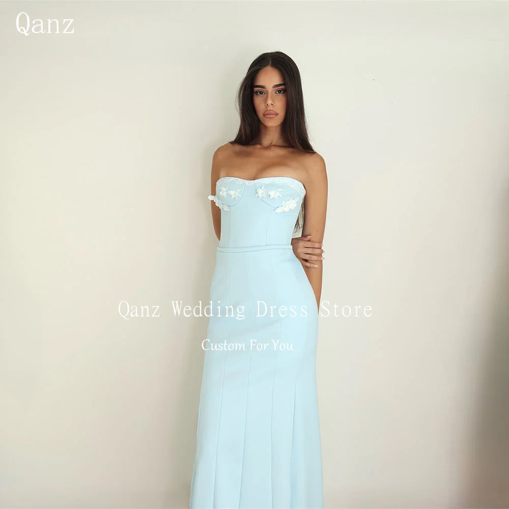 

Qanz Light Blue Satin Vestidos De Festa Sweetheart Mermaid Lace Evening Dresses Flowers Party Prom Dress Women Customized