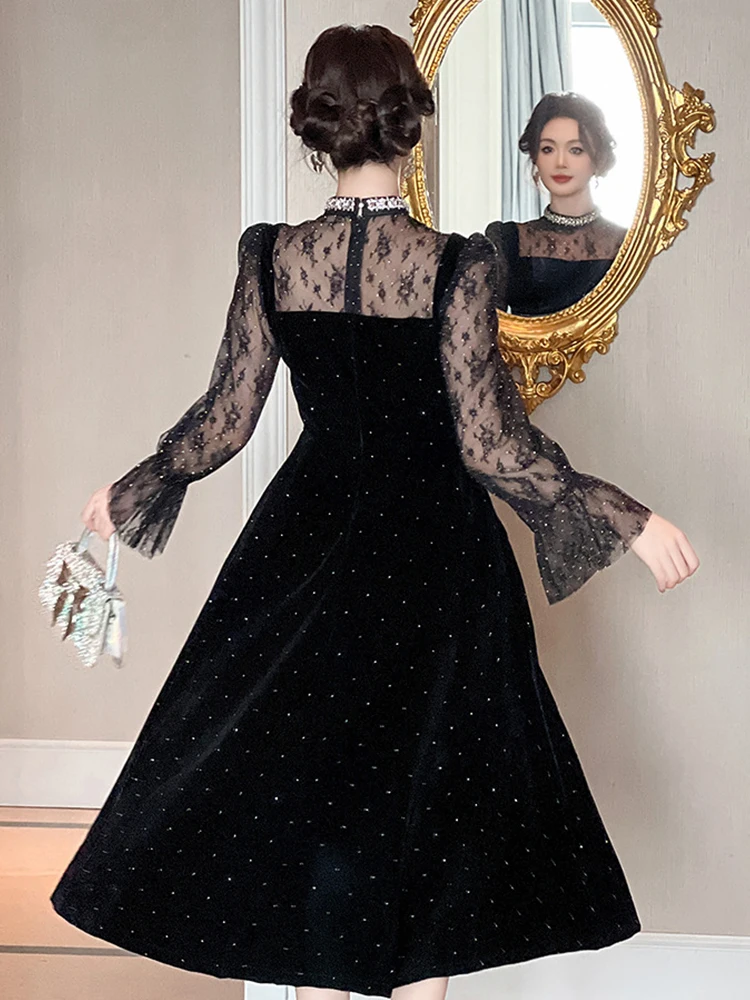여성 의류 페이크 투피스 블랙 샤이니 레이스 퍼프 슬리브 슬림 이브닝 드레스 우아한 럭셔리 여성 패션 파티 프롬 드레스