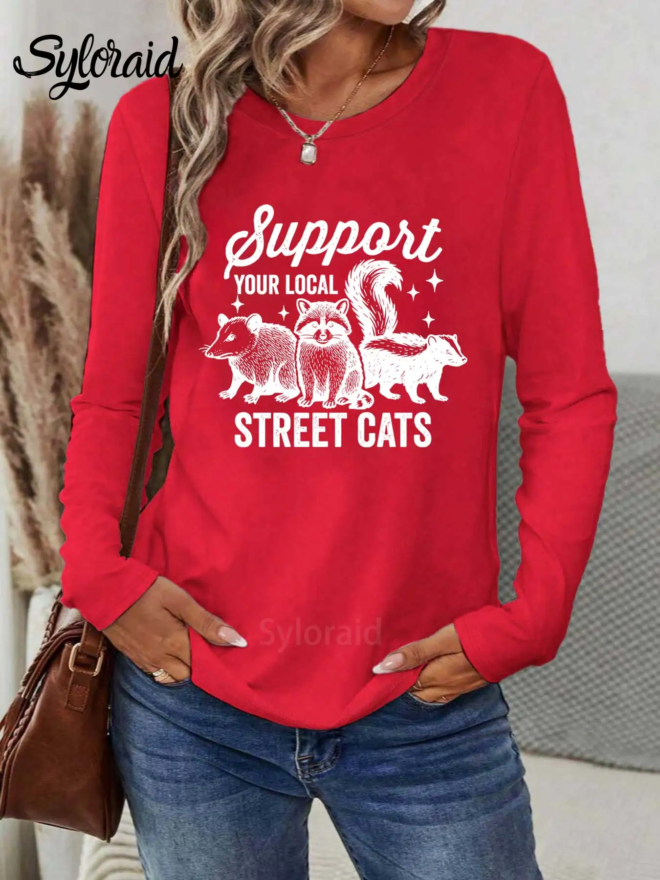 تي شيرت نسائي طويل الأكمام يدعم قطط الشارع المحلية الخاصة بك جرافيك تي شيرت مضحك الراكون قميص موضة رقبة مستديرة كاجوال #3