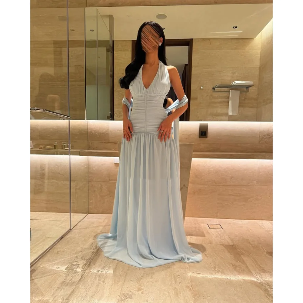 

Light Blue Evening Dress Customized Halter V-Neck Sleeveless Pleat Chiffon A Line Formal Party Dresses Backless Long Prom Gowns