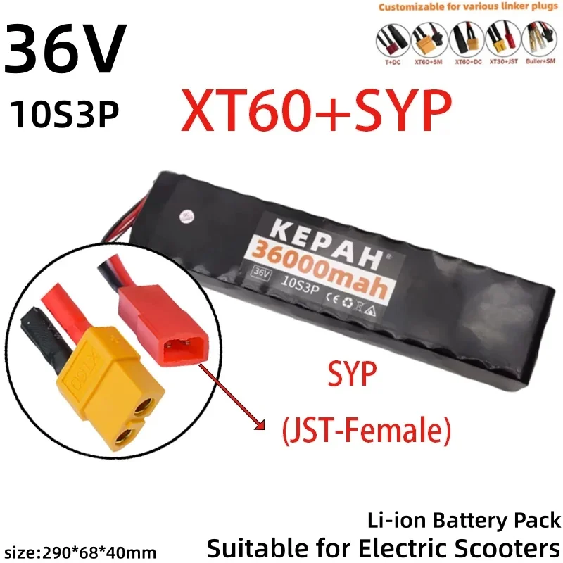 36V 36Ah Rechargeable 18650 Lithium Battery Pack 10S3P 500W Replacement 36V E-Scooter Power Battery, BMS, XT60 SYP JST Connector