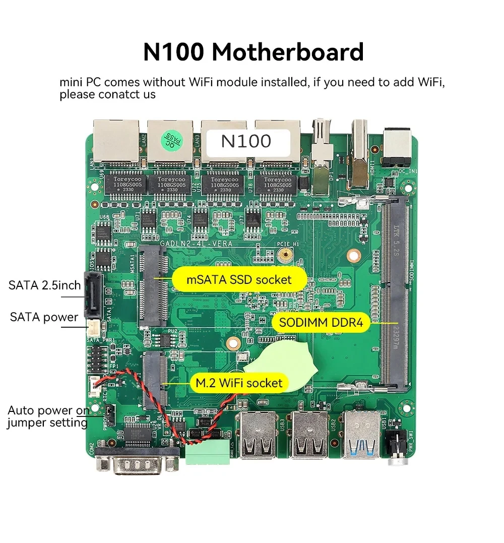 Industrial Mini PC Firewall Intel N100 Processor DB9-RS232 RS485 4x 2.5G i226V Ethernet 6xUSB HDMI DP M.2 WiFi Slot