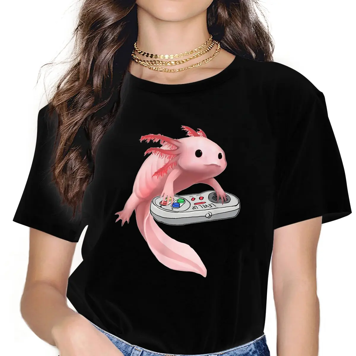 Animal One Hundred Fish Axolotl Fish Playing Video Game T Shirt Vintage Graphic Women's Polyester Tshirt O-Neck