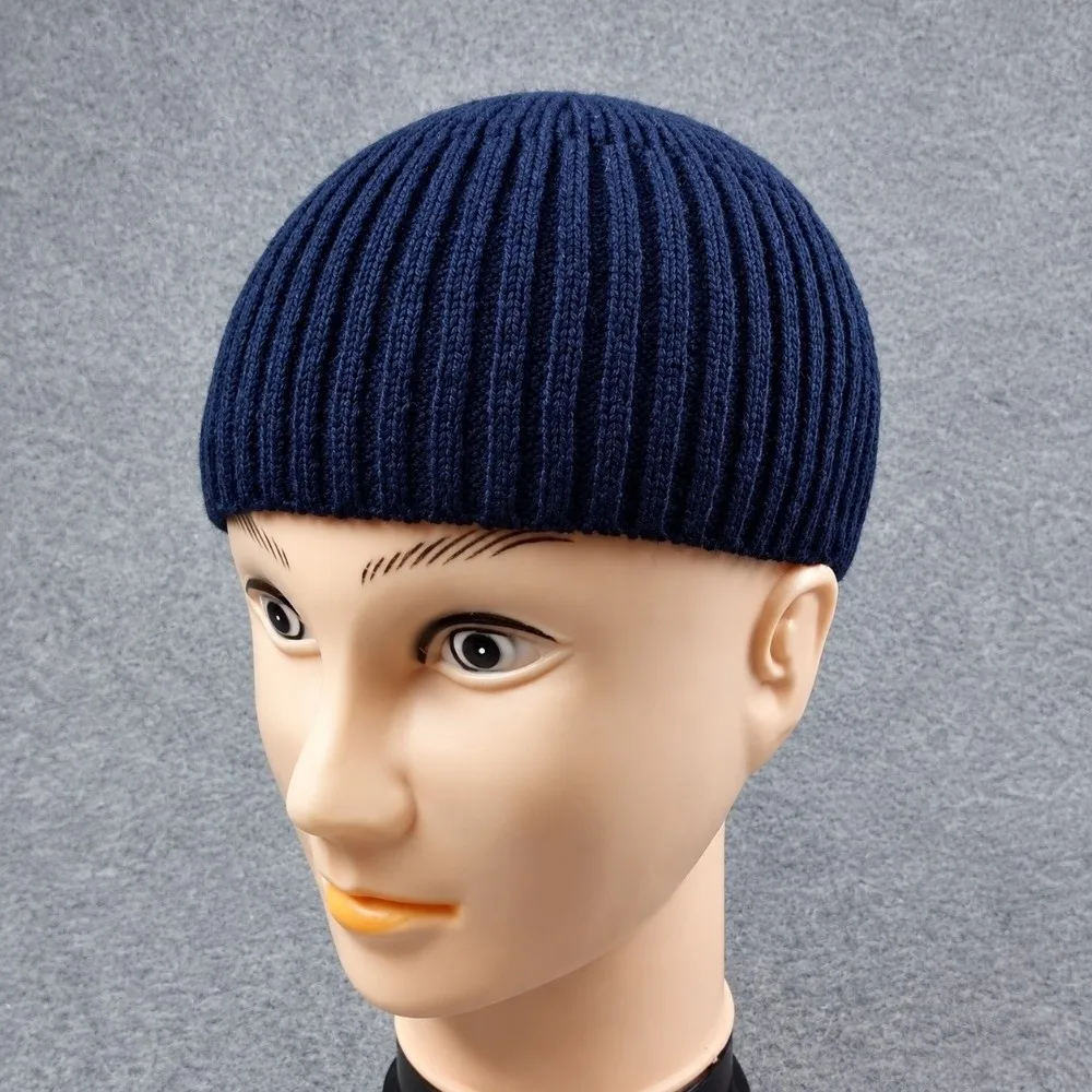 Casual Soft Striped Knitted Beanie Thermal Lightweight Short Crochet Landlord Cap Solid Color Windproof Warm Men Cap Fall Winter