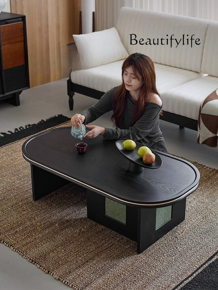 

X Medieval Style Living Room Household Coffee Table Solid Wood Small Apartment Retro Oval Medieval Black Ash Wood Tea Table
