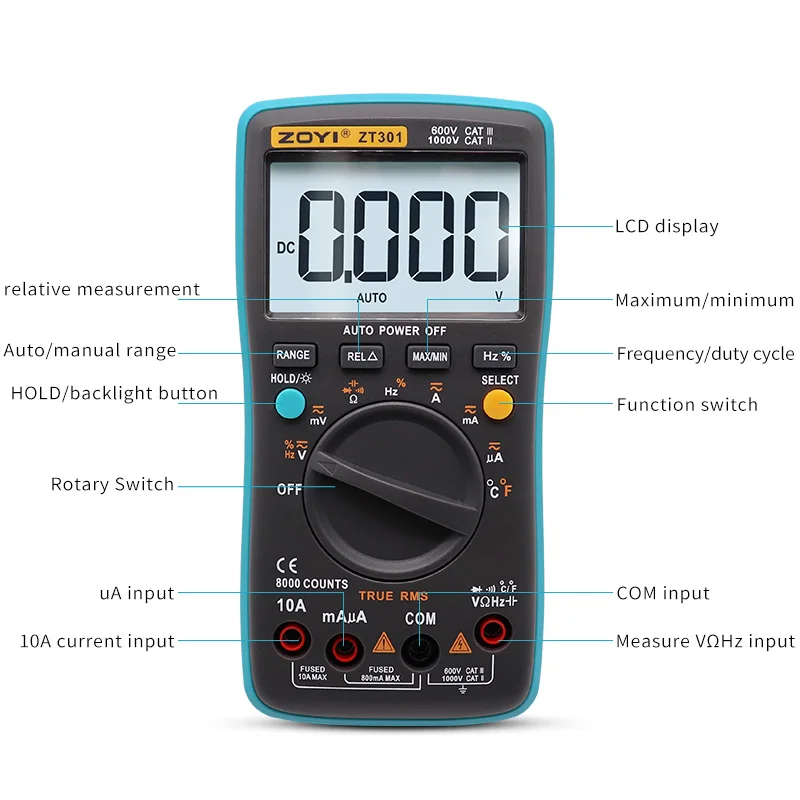 ZOYI-multímetro Digital ZT301, ZT302, ZT303, 8000, 19999 recuentos, True RMS, multifunción, probador de capacitancia de temperatura de voltaje CA/CC