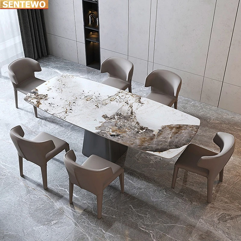 Luxury Marble Rock Slab dining table set 4 chairs mesa de jantar comedor a manger sillas tisch tavolo esstisch Carbon steel base