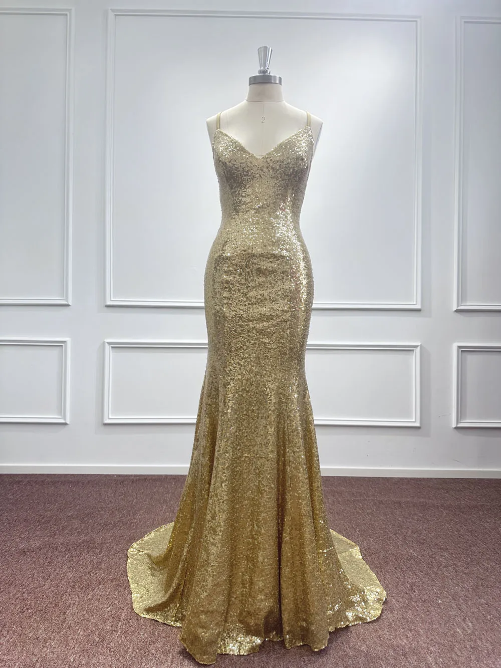 Gold Sequined Mermaid Evening Dresses 2023 V Neck Backless Imported Party Formal Prom Gowns Vestidos De Fiesta Largos De Gala