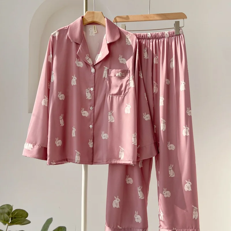 

New Women Sleepwear Print Cartoon Rabbit Pajamas Set Trouser Suits Spring Summer Silk Satin Home Wear Pijamas Lounge Wear