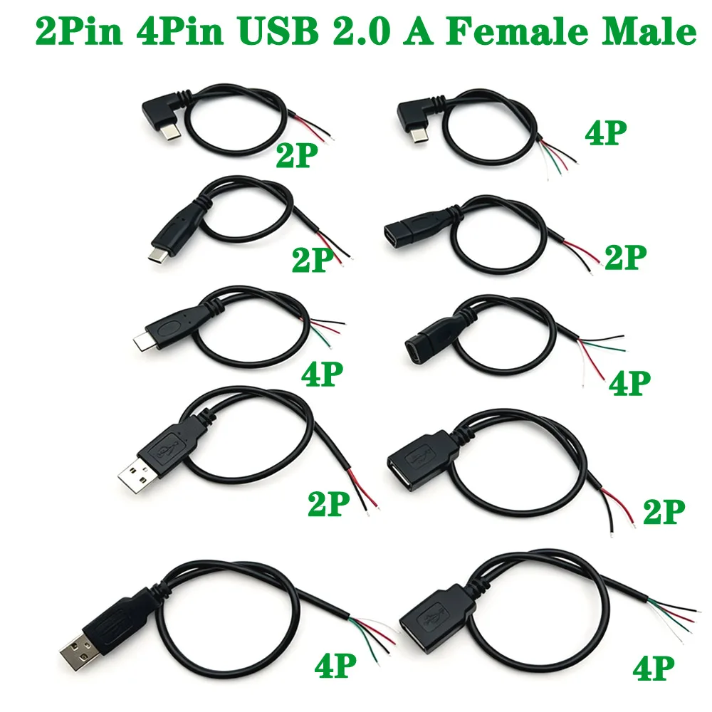 2Pin 4Pin Type C Power Supply Cable USB 2.0 A Female Male Wire Jack Charger Charging Cord Extension Connector DIY Line Interface