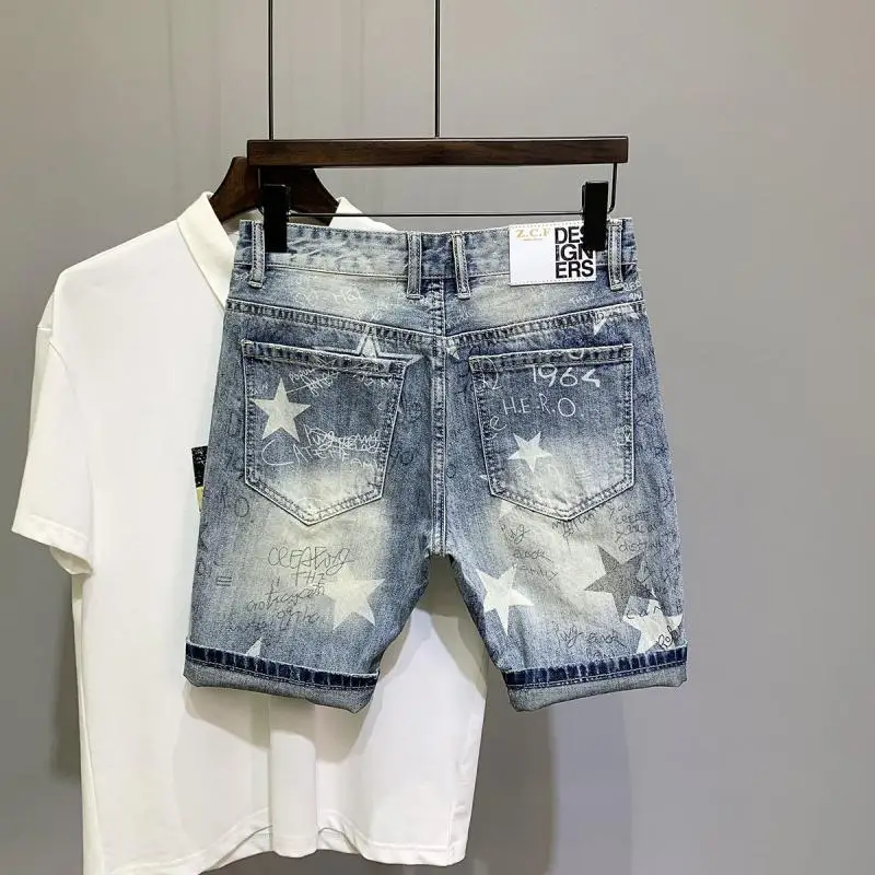 New Summer luxury clothing jeans men korean span Men\'s Denim Shorts Casual Knee Length Jeans Fashion Printed Straight Shorts