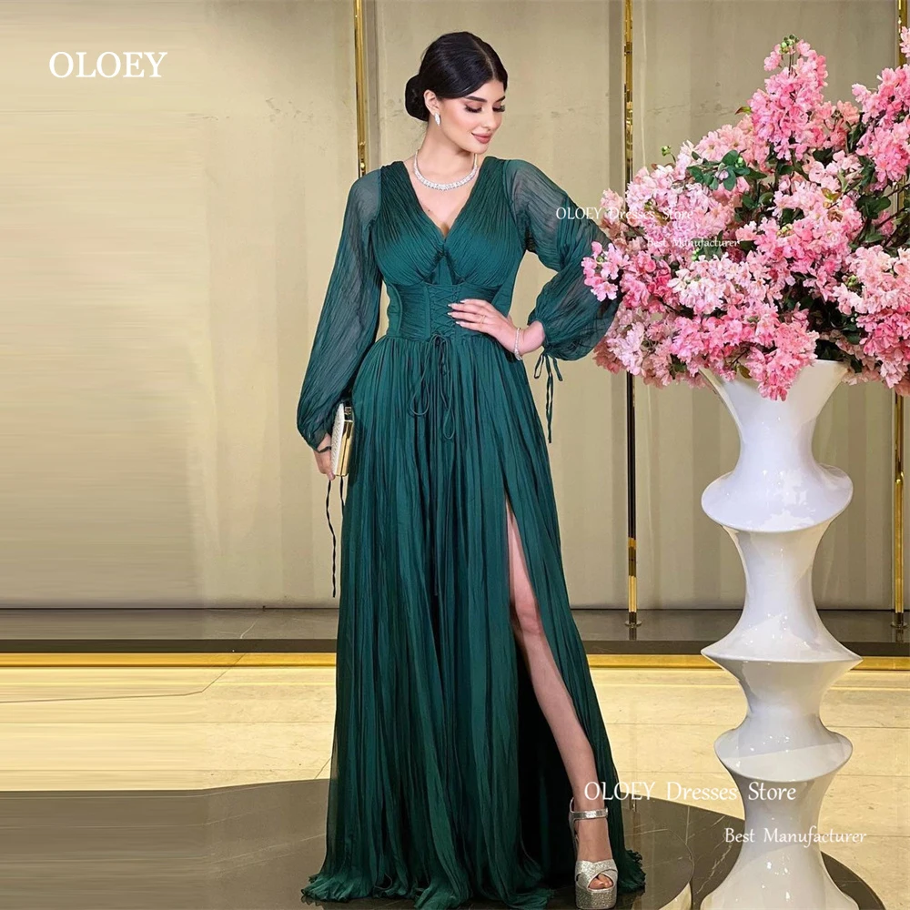 

OLOEY Modest Dubai Arabic Emerald Green Draped Chiffon Evening Dresses Long Sleeves V Neck Split Purple Formal Party Prom Gowns