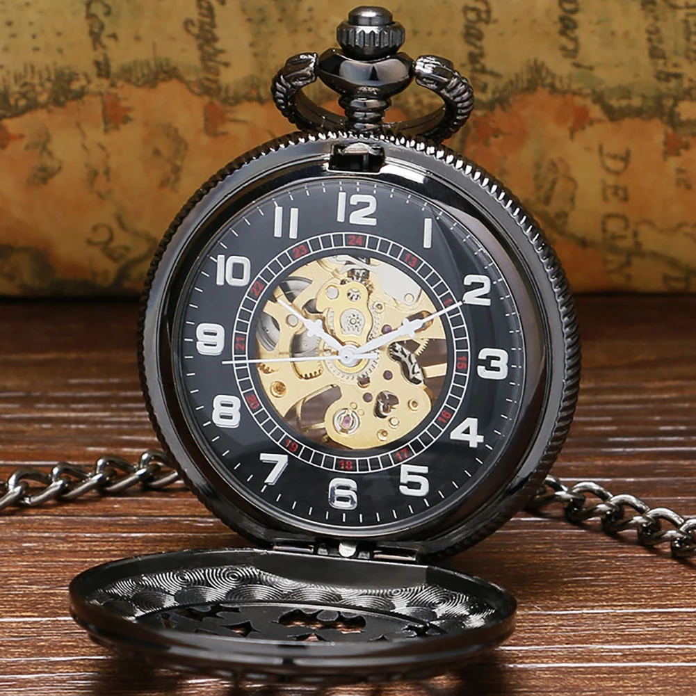 Gold DAD Hollow Black Men's Mechanical Hand Winding Pocket Watch Arabic Numerals Dial Half Hunter Manual Pocket Clock Gifts Male