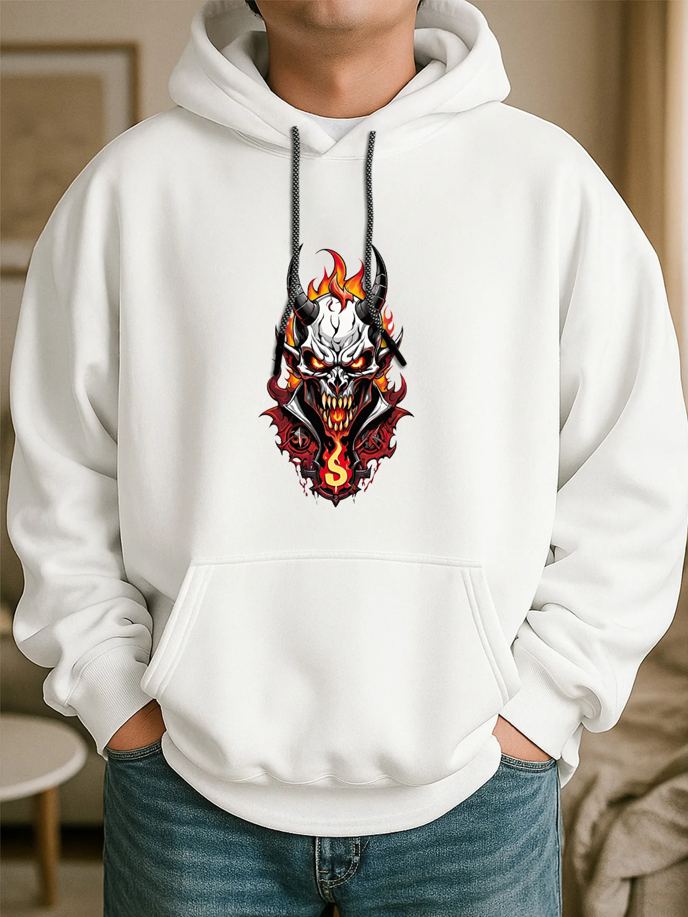 سويت شيرت بغطاء للرأس بطباعة شبح للرجال بأكمام طويلة، سترة صوفية عصرية للربيع والخريف، ملابس رياضية كاجوال مع جيوب