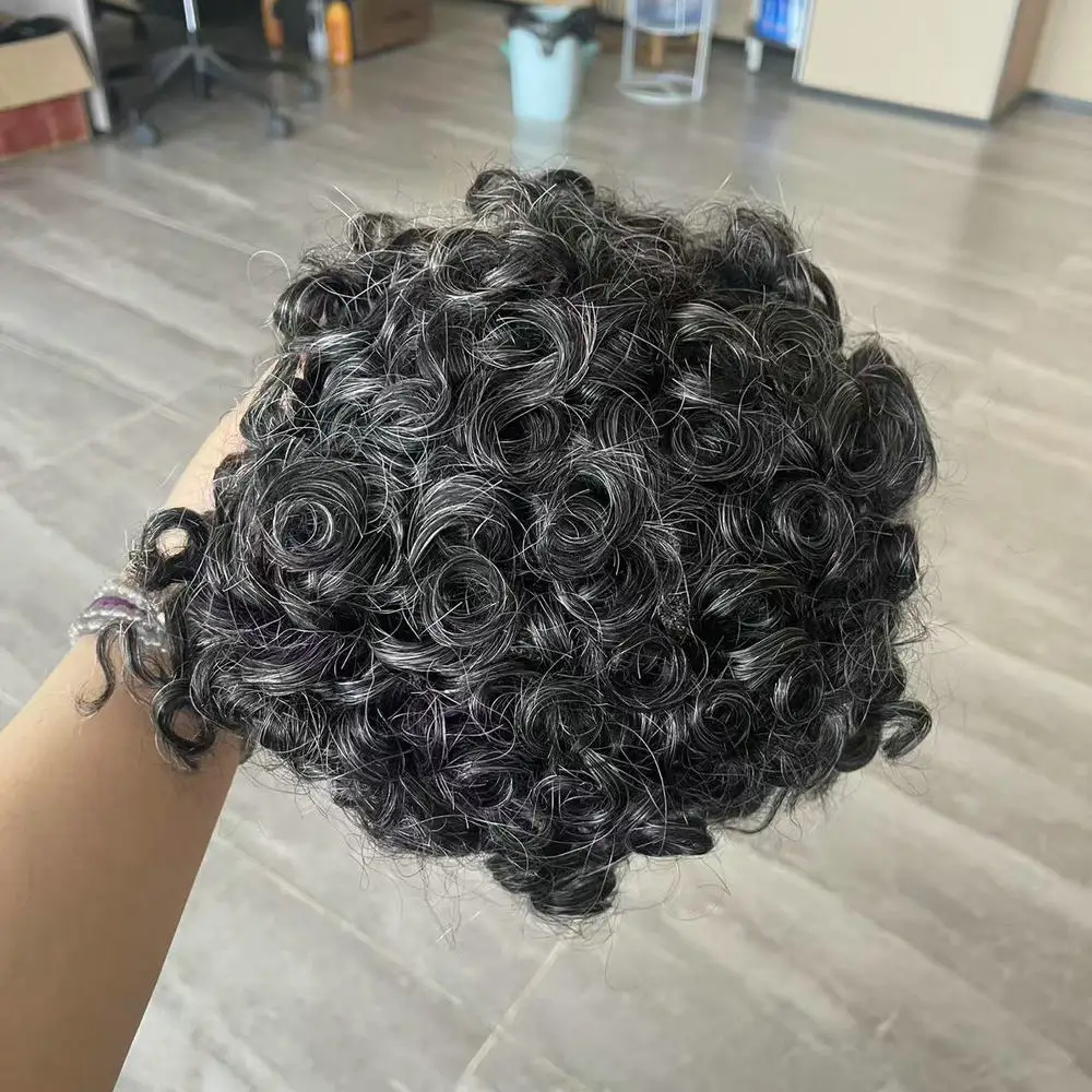 20MM Lockiges Australisches Spitzen- und PU-Toupet Haarsystem für Männer Grau-Schwarze Echthaarperücken Unsichtbare Haarprothese für Männer – Detail 4