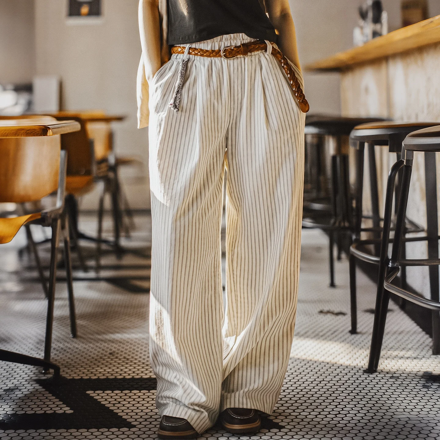 Maden Women's Striped Straight Wide Leg Trousers Old Money White Cotton Linen Texture Thin Breathable Loose Casual Daily Bottoms