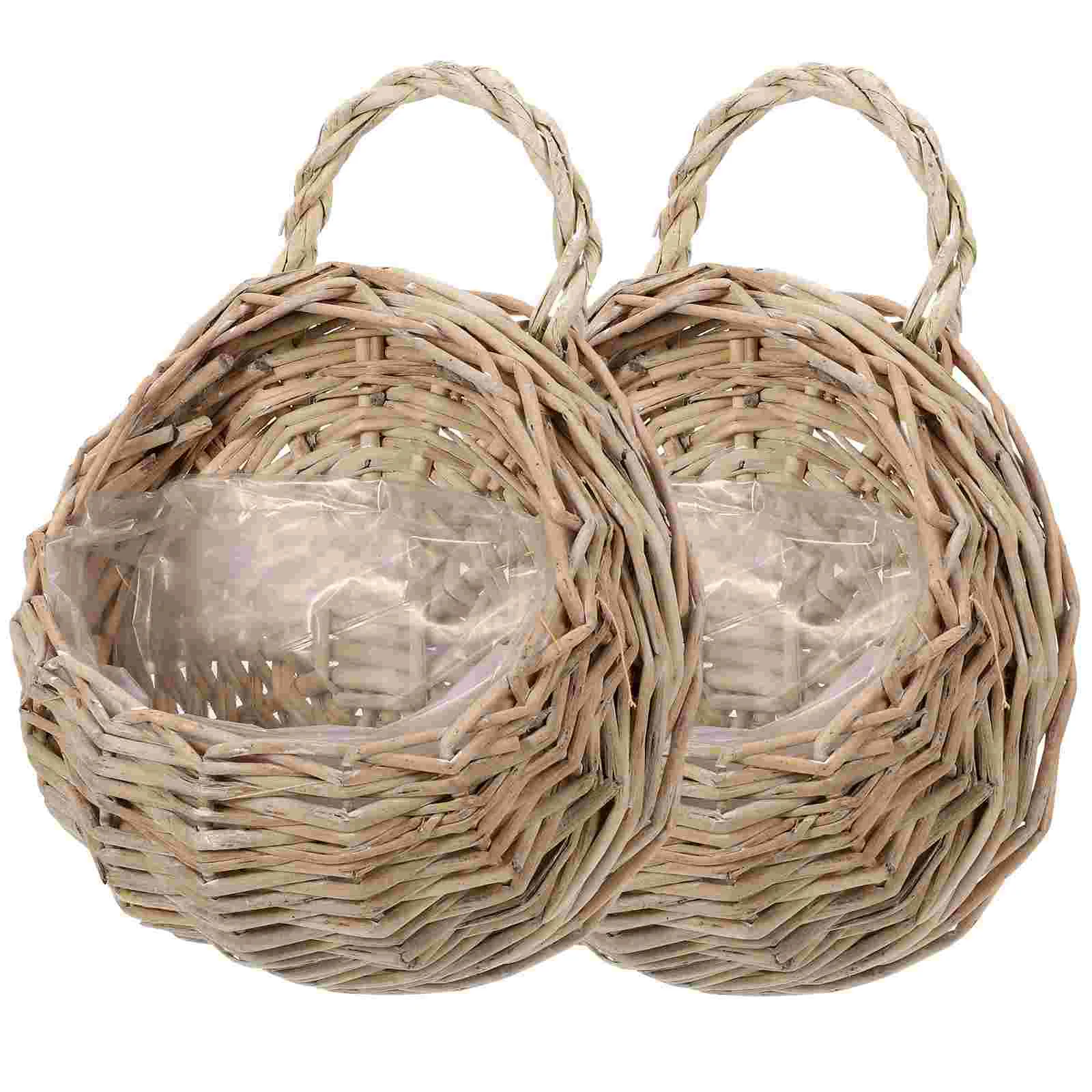 

2 Pcs Wall Hanging Rattan Flower Basket Plant Garden Decor for Storage Holder Woven Decorative Planter Wooden Kitchen Sundries