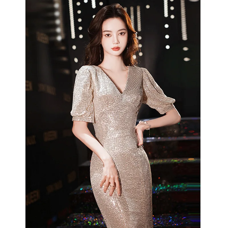 

Maxi Women Qipao Mermaid Formal Party Dress Exquisite Sequins Sexy Cheongsam Lantern Sleeve Host Elegant Vestidos De Festa