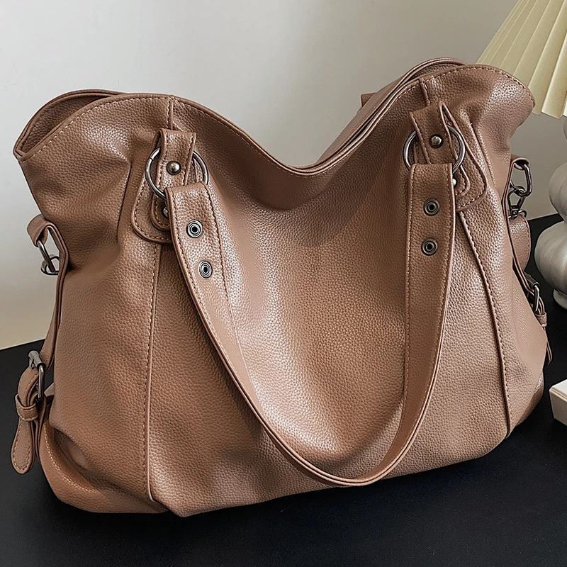 

Female Khaki Large Shoulder Bag Top Handle Soft Pu Leather Ladys Shopper Purses Handbags Women's Big Casual Travel Shoulder Bags